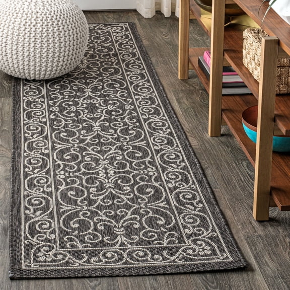 JONATHAN Y SANTA MONICA 2 x 10 Runner Rug, Charleston Vintage Filigree Textured Weave - Black/Gray, SMB106G-210