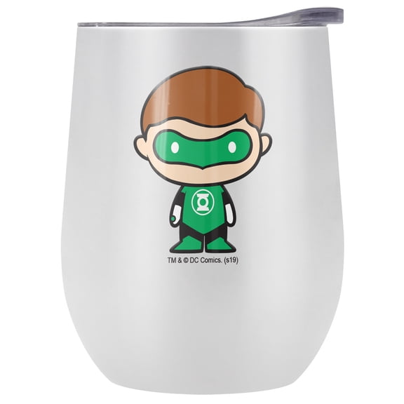 DC Green Lantern Official Green Lantern Cute Chibi Character Pattern 12 OZ Stemless Wine Tumbler, Stainless Steel Travel Cup|Lake Tumbler|Insulated with Leak Resistant Slide-Lock Lid, White