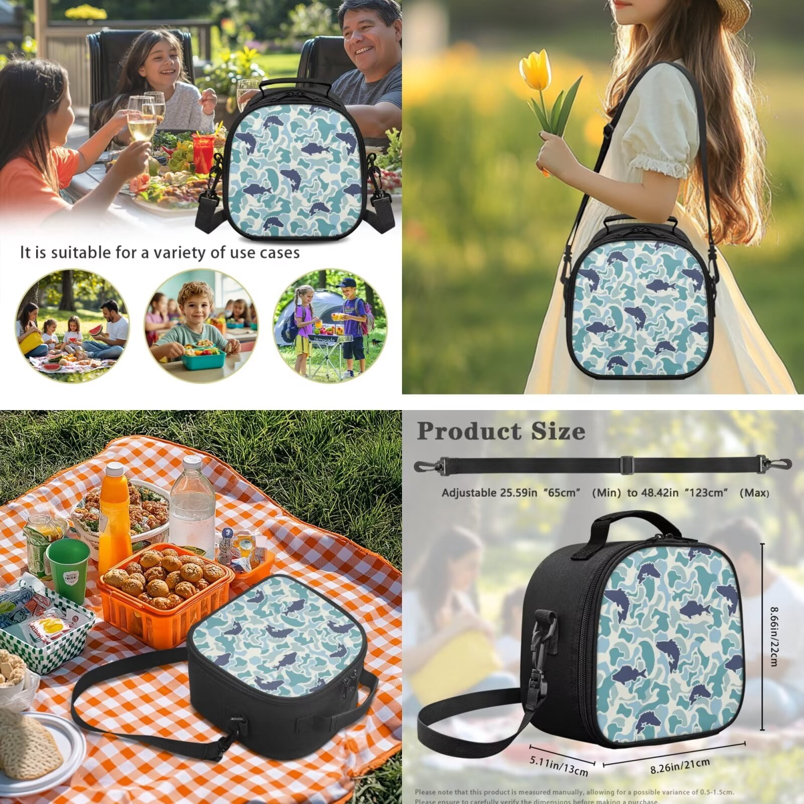 Pzuqiu Blue Fish Camo Lightweight 5 Piece Girls Backpack Set with Insulated Lunch Box Water Bottle Holder Pencil Case for Elementary Kindergarten Girls Ages 6-10 Daily School Use