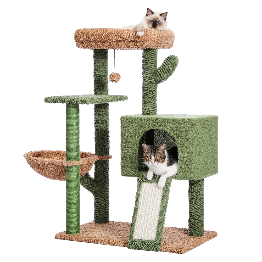 Kadyn Cactus Cat Tree, Cat Tower with Plush Perch &Soft Hammock, Cat Climbing Stand for Indoor Cats, Green+Brown