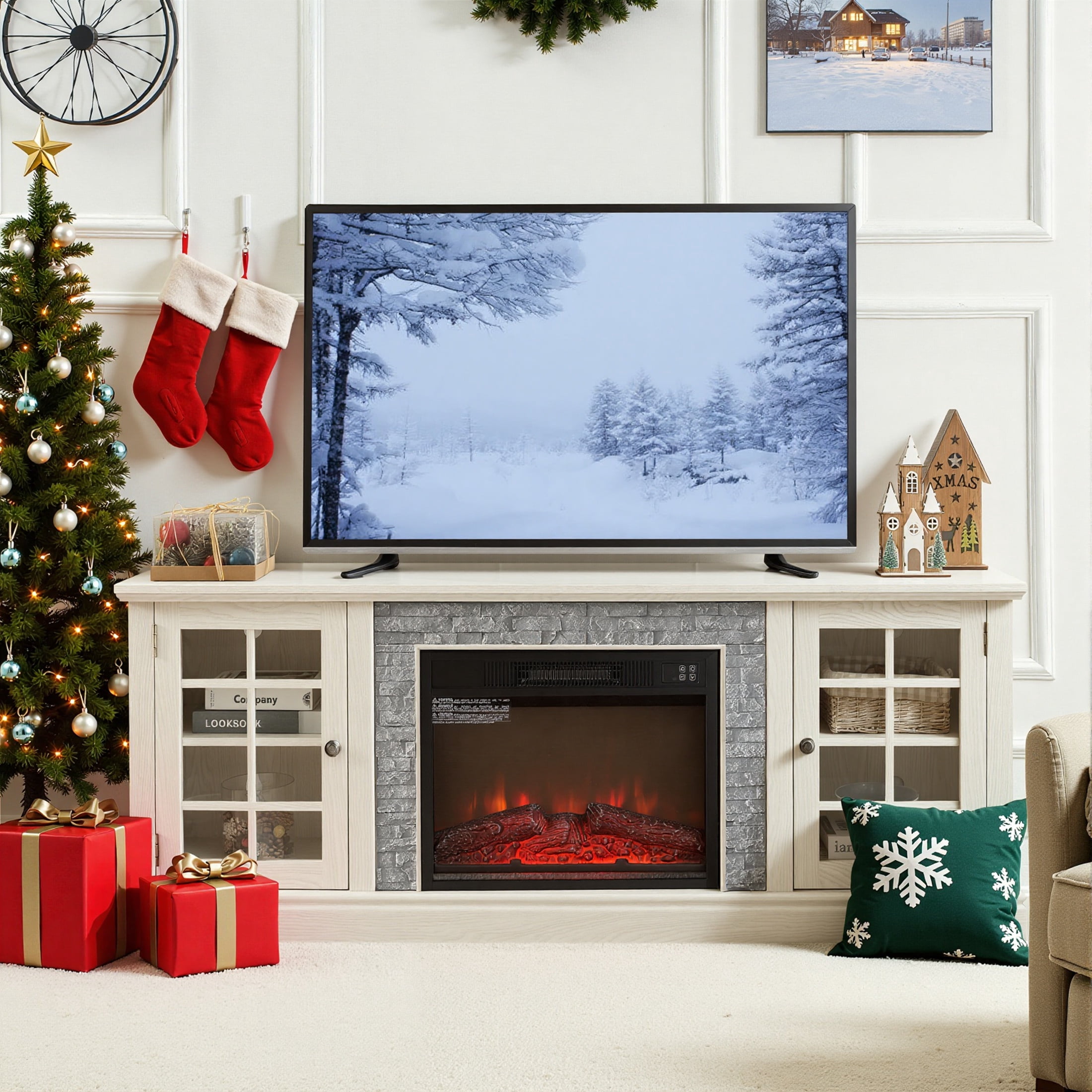 UHOMEPRO Fireplace TV Stand for TVs up to 75", White Large Entertainment Center with 23" Electric Fireplace for Living Room, 70" Modern TV Stand with 2-Door Storage