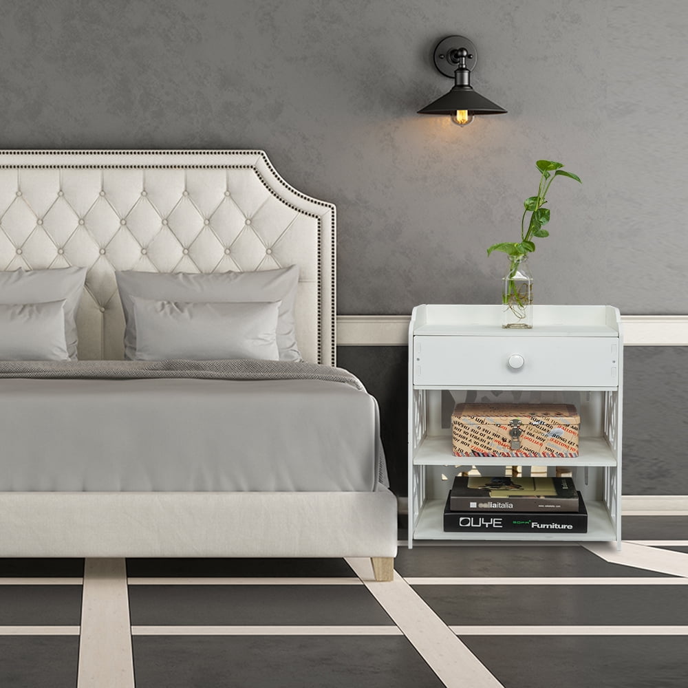 Private Jungle 3 Tier Wooden Bed Side End Table Nightstand Bedroom with Drawer and Storage Shelves,White Private Jungle 3 Tier Wooden Bed Side End Table Nightstand Bedroom with Drawer and Storage Shelves,White
