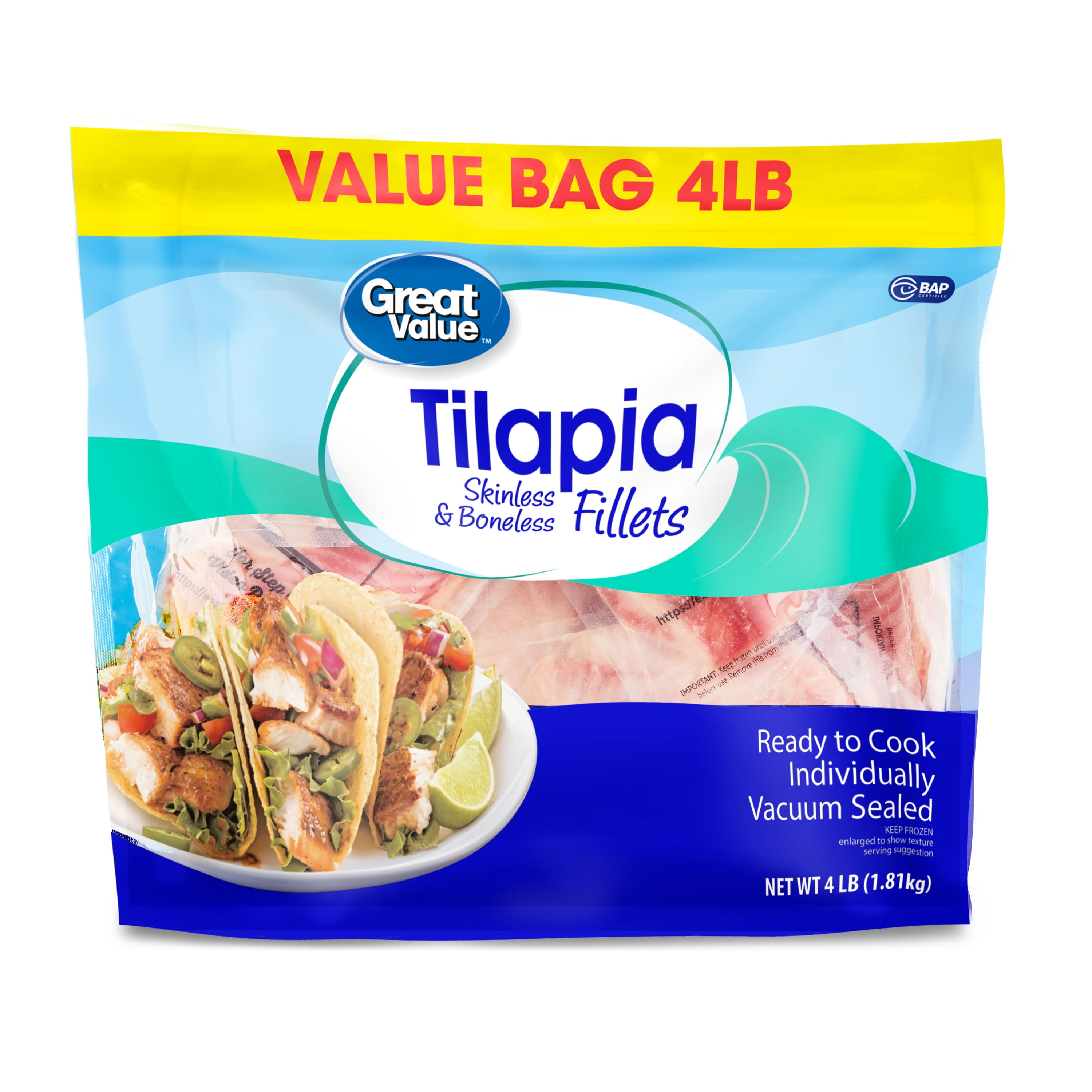 Great Value Frozen Tilapia Skinless & Boneless Fillets, 4 lb