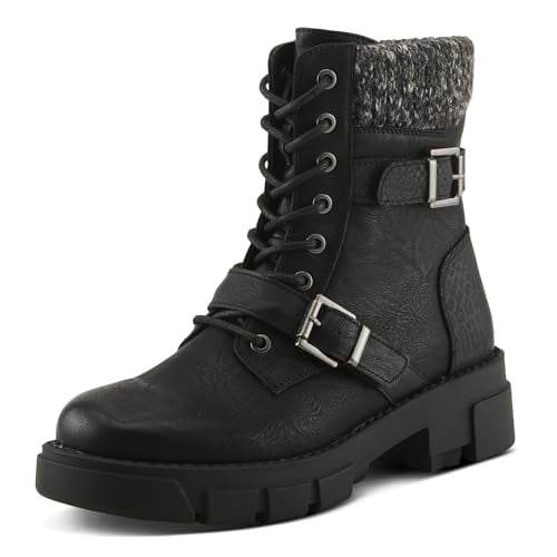 PATRIZIA MAHANDA Women’s Ankle Boot – Faux Leather Lug Sole Bootie with Knit Sweater Collar & Buckle Detail