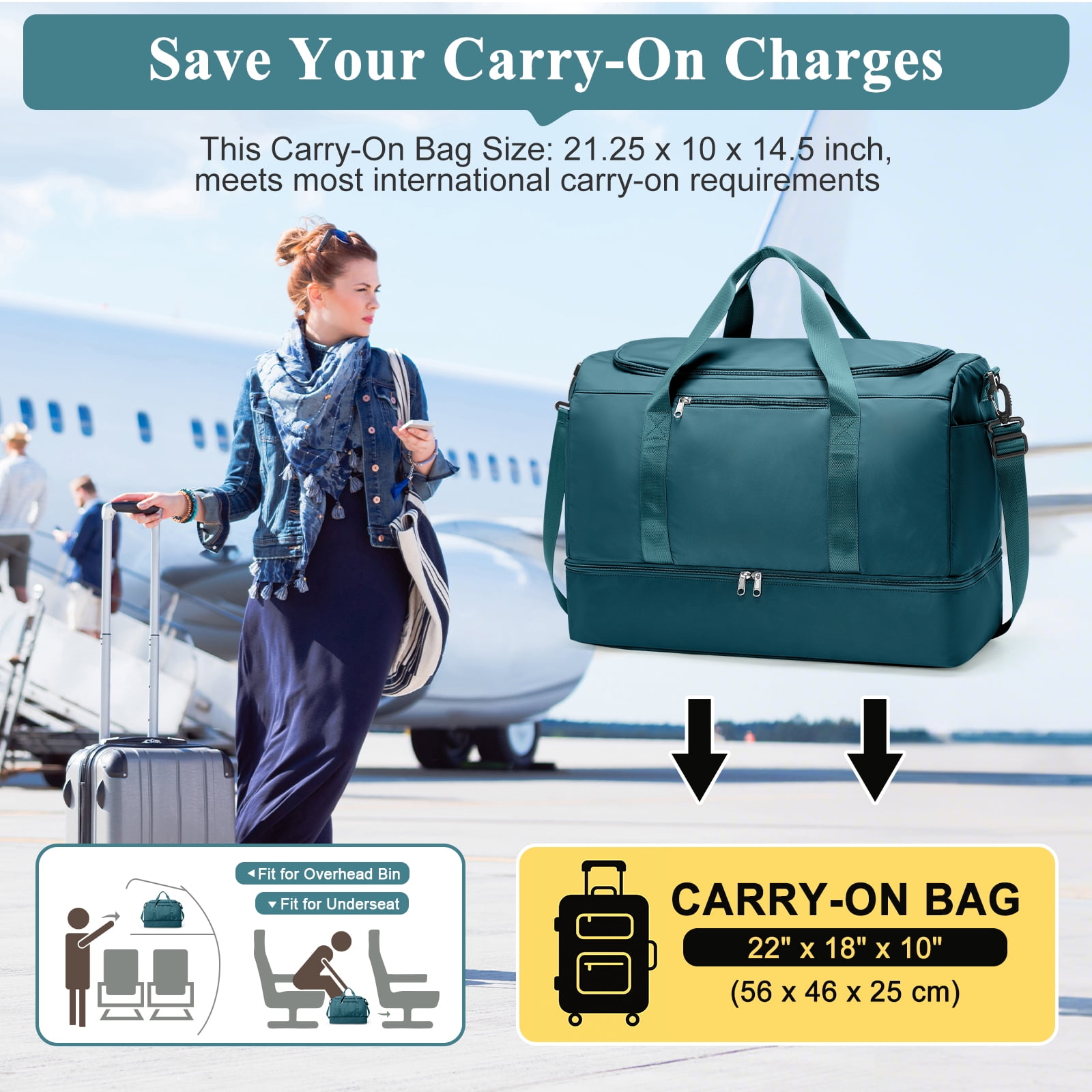 SYCNB Large Travel Duffel Bag, Weekender Overnight Bag for Women, Gym Tote Bag with Shoe Compartment, Carry-On Weekend Bag for Women with Wet Pocket for Travel Business, Peacock Blue