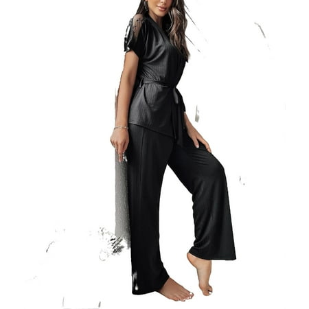 

Women s Pajama Sets Black Casual Plain V neck Pant Sets Short Sleeve