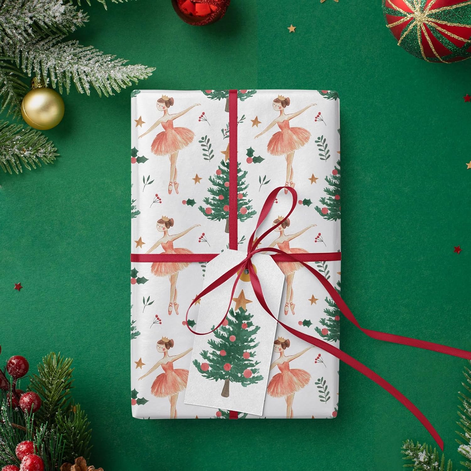 Kraft Christmas Wrapping Paper - Mini Roll - 17 Inch x 33 Feet - Sugar Plum Fairy Wrapping Paper with Christmas Tree Design for Holiday, Party Celebration