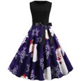 thumbnail image 2 of HKEJIAOI Robes de Cocktail Cadeau d'Anniversaire Noël Femmes Imprimé Rétro Patchwork Sans Manches Soirée Col Rond Fermeture Éclair Fête Bal Vintage Robe Soldes Liquidation Violet, 2 of 6