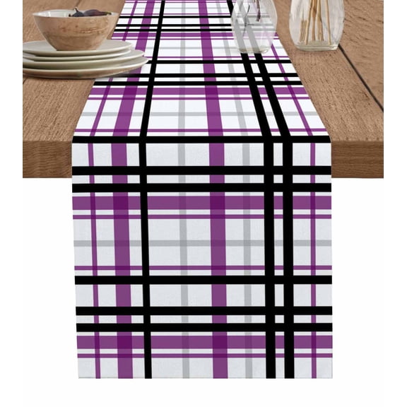Ldtrchee Purple Black Plaid Table Runner 60 Inches, Farmhouse Purple Black Checkered Bed Runner Dresser Scarves Tabletop for Indoor Outdoor Parties/Ceremony/Banquet, 13" x 60"