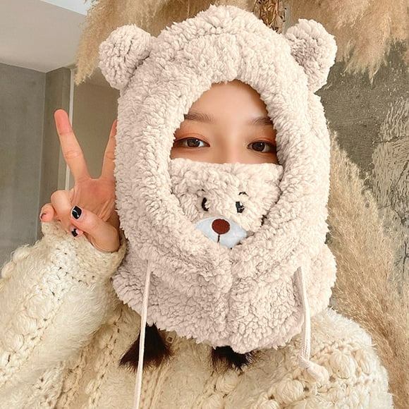 Up To $10 Bomber Hats Beige Women's Warm Plush Belt Mask and Ear Protection Riding Lei Feng Hat Sleeve Seck Bib