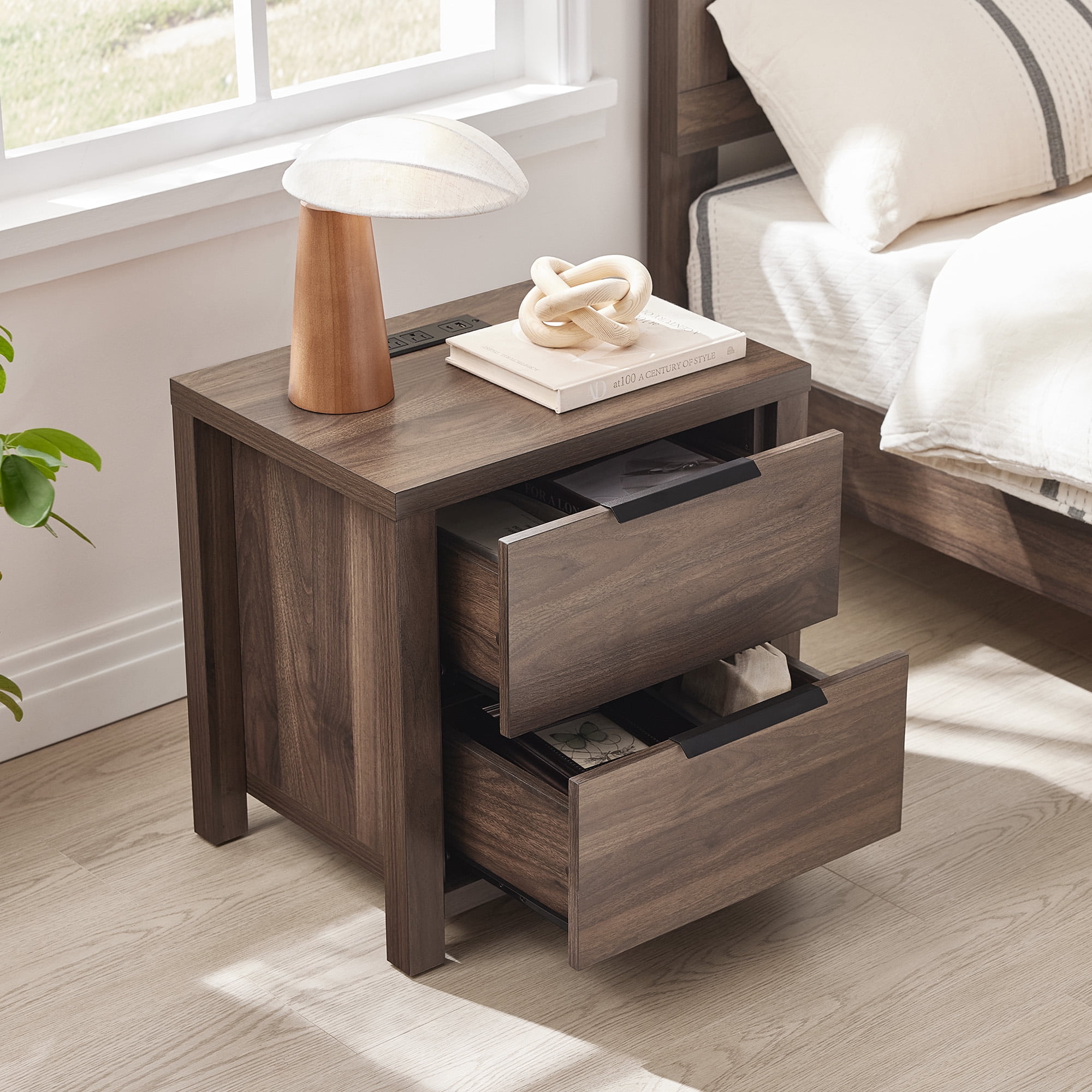 Spruce & Spring Farmhouse Nightstand with 2 Drawers, USB & Type-C Port and Power Outlets