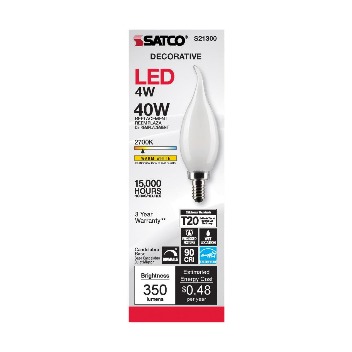 SATCO S21300 4W 120V CA10 2700K 350 Lumen LED E12 Candelabra Base Light Bulb Frost Dimmable (6 Pack)