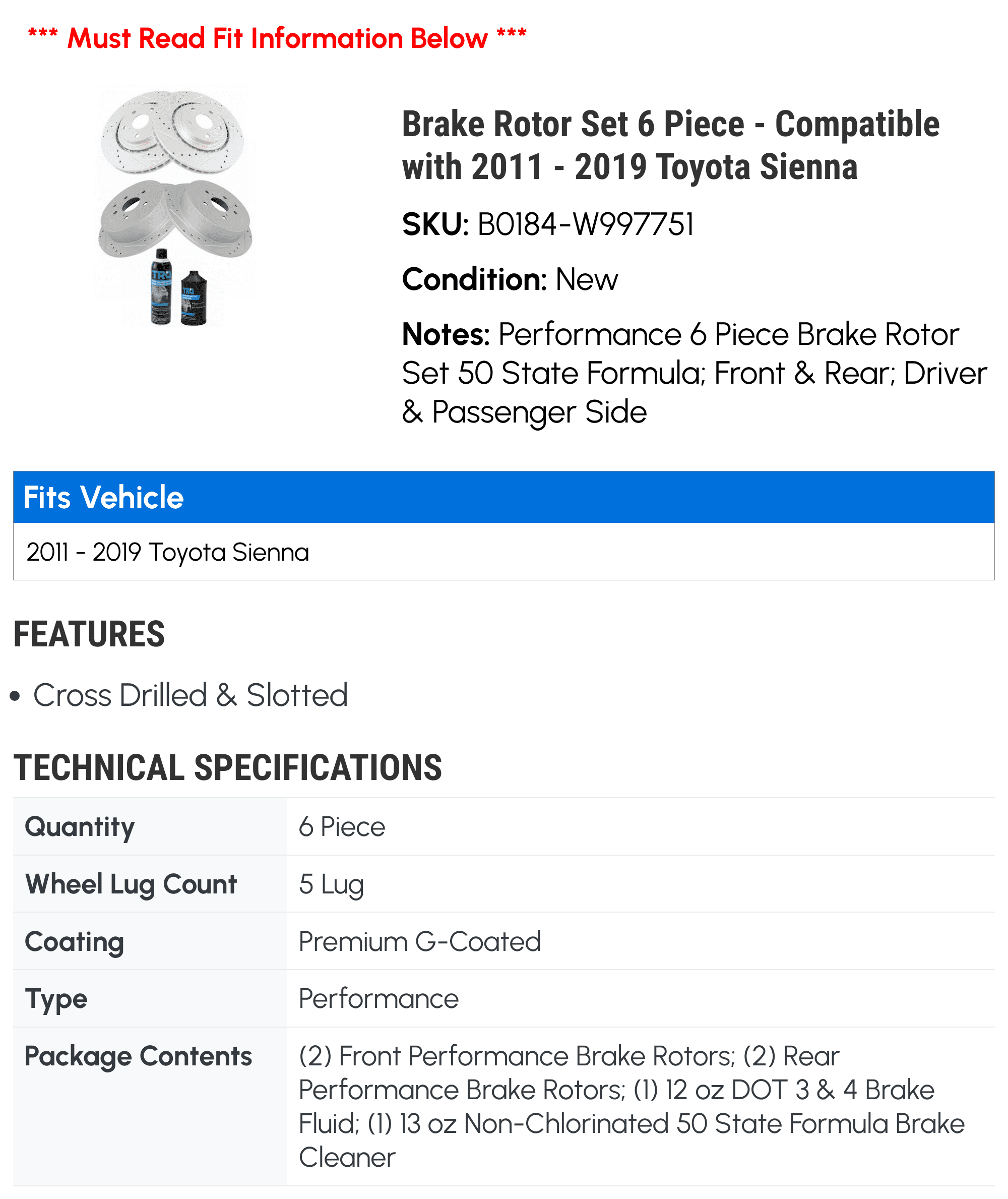 Brake Rotor Set 6 Piece - Compatible with 2011 - 2019 Toyota Sienna 2012 2013 2014 2015 2016 2017 2018