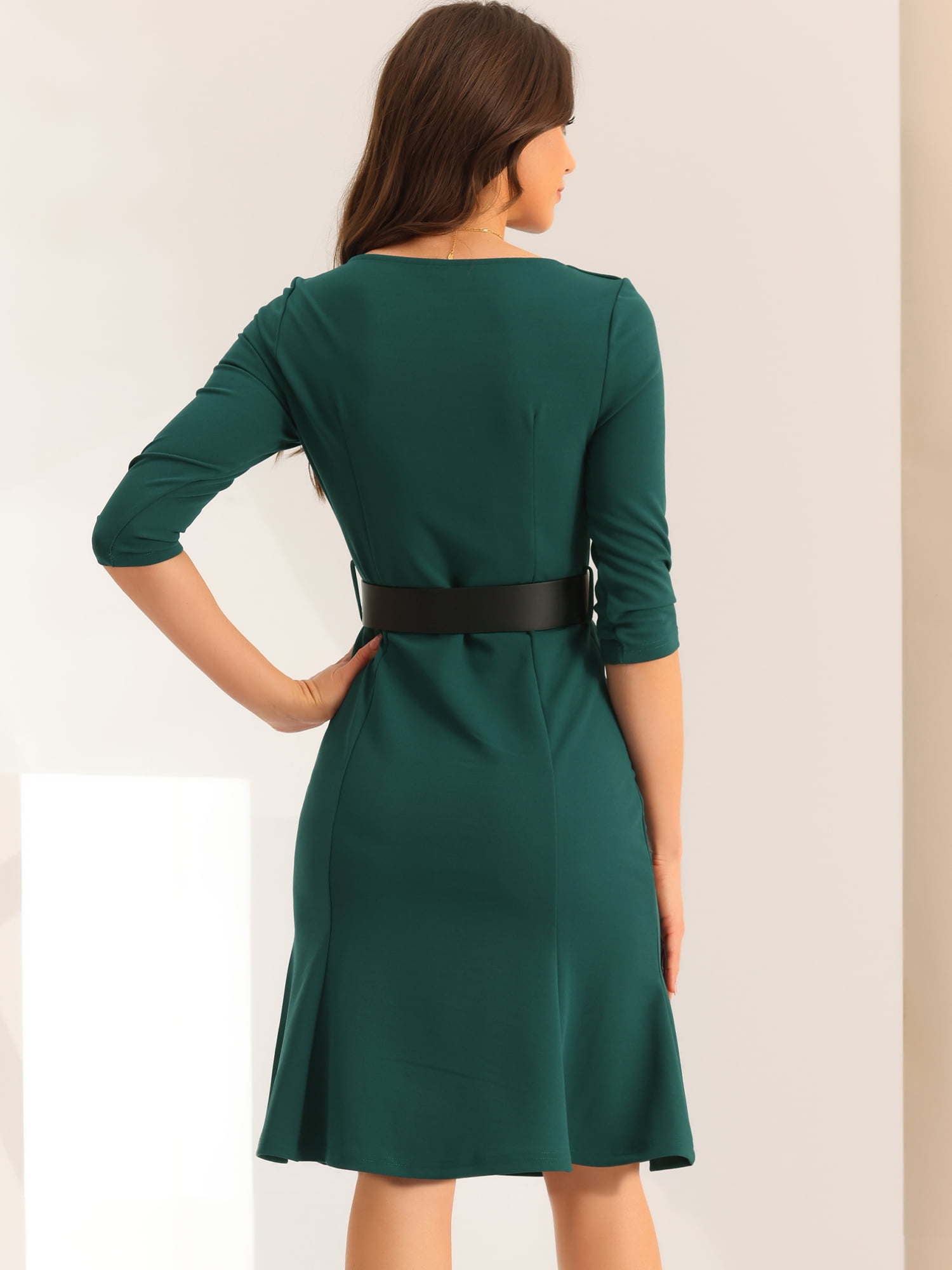 Free Shipping! Unique Bargains Women's Dark Green Belted