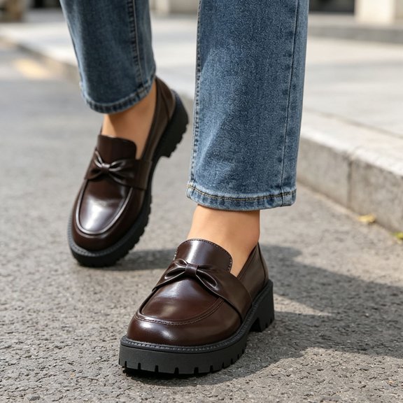 Viluyesy Womens Loafers Chunky Platform Bow Slip On Round Toe Comfortable Non Slip Casual Walking Work Shoes Brown Size 6.5