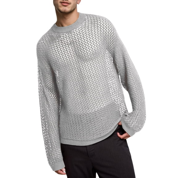 XIAOCHA Mens Sheer Mesh Knit Sweater Long Sleeve Crew Neck Pullover Sweater Breathable Edgy Streetwear Sweaters