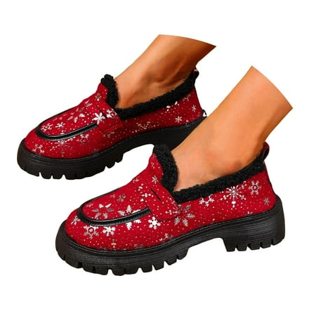 Mepaouo Loafers for Women Platform Christmas Slip on Casual Shoes Fleece Lined Winter Shoes(Red 6.5)