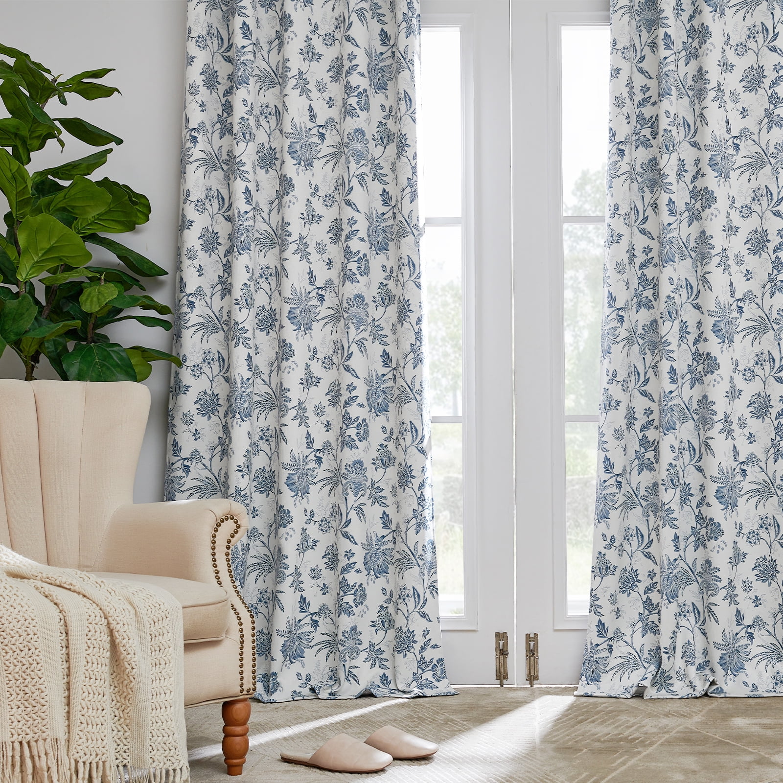 Curtainking Luxury Look Farmhouse Blue Floral Print Rod Pocket Blackout Curtains, 96" (2 Panels)