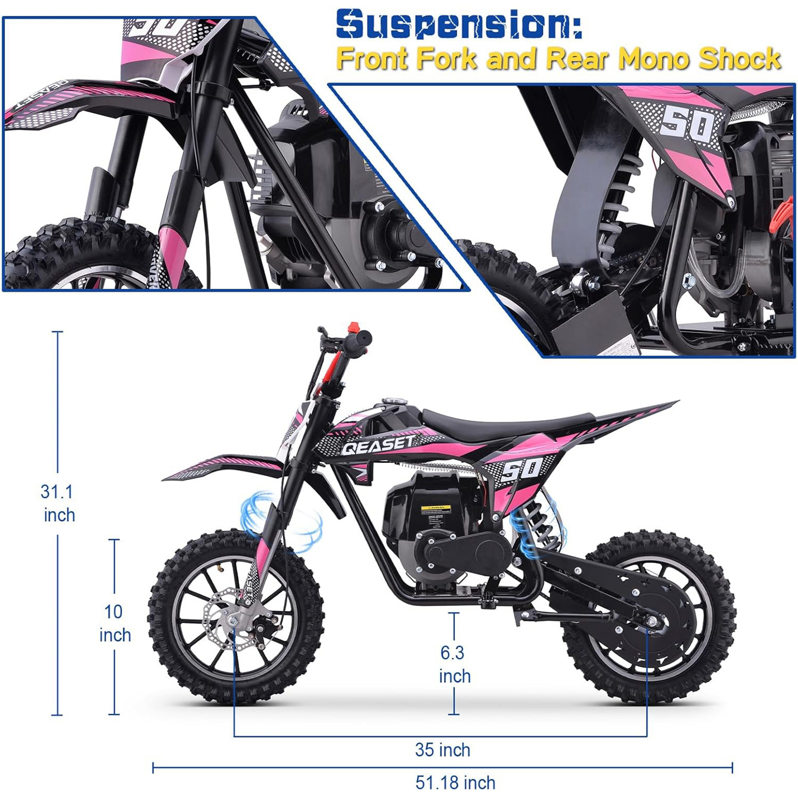 QEASET Gas Mini Dirt Bike, 39.4 CC 4-Stroke Dirt Bike, Rear Shock Absorber, Metal Frame, Disc Brakes, Max Load 165Lbs, Up to 20Mph, No Oil Mix Require, Pink