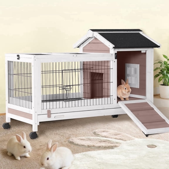 Aivituvin Rabbit Hutch Indoor and Outdoor, Wooden Rabbit Cage with Wheels, Mobile Bunny House with Leakproof Tray and Removable Wire Floor, Guinea Pig Cage with Run (Brown)