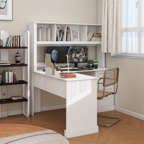 Home Office Computer Desk with Hutch, Antiqued White finish