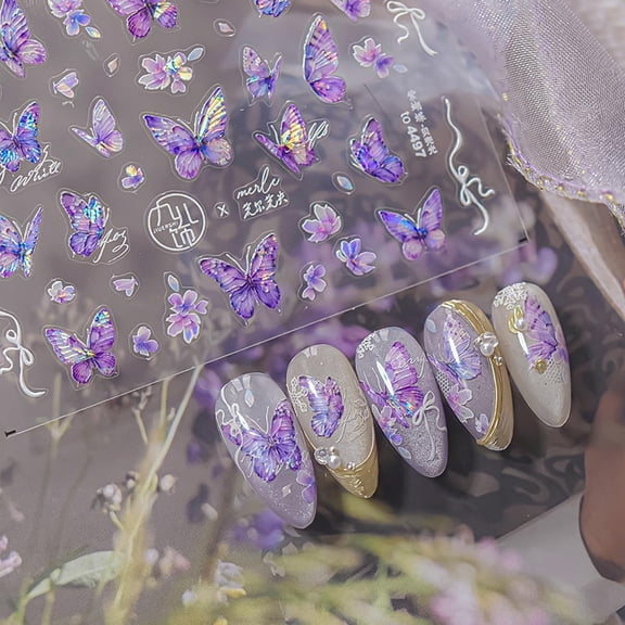 RAGUPEL Purple Butterfly Nail Stickers Butterfly Nail Art Stickers Holographic Nail Decals Cute Stickers for Nails Designs Self Adhesive Nail Art Supplies & Decorations for Women Girls 1 Sheet