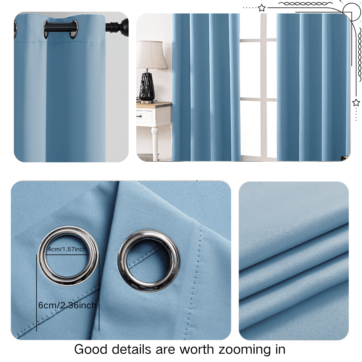 SpaceMuse Modern Blackout Curtains 52 X 96 inch, 2 Panels 90% Blackout Blue Tie Top Single Indoor Curtain Panel Thermal Insulated Light Blocking Drapes