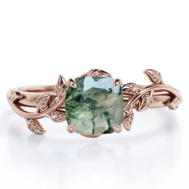 JeenMata Anillo de Compromiso Inspirado en la Naturaleza de Ágata Verde Musgo Transparente Natural de Talla Cojín de 1 Quilate - Engaste de 4 Puntas - Baño de Oro Rosa de 18 K sobre Plata