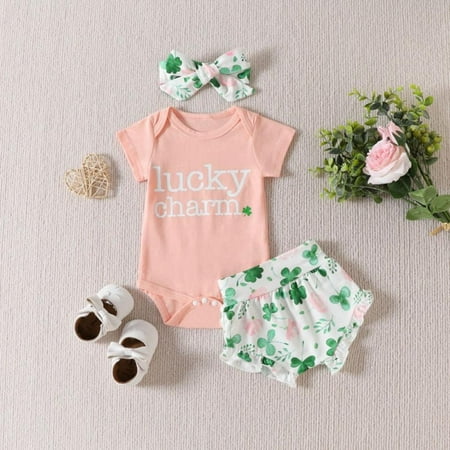 

Uccdo 0-18M Newborn Baby Girl Shorts Clothes Set Infant Clover Printed Romper + Ruffle Bloomers Shorts + Headband 3Pcs Summer Outfit