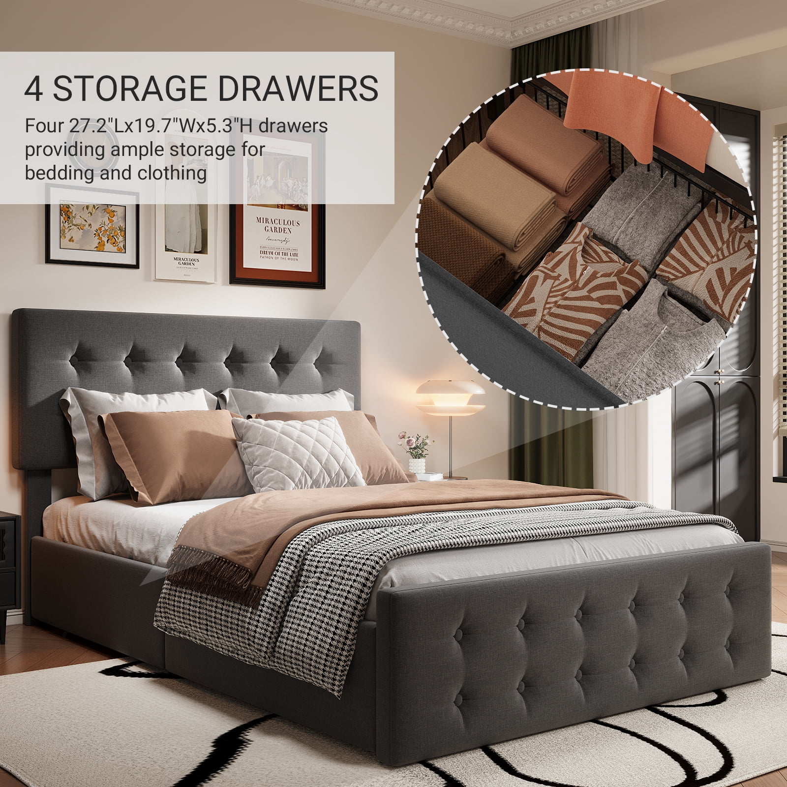 Full/Queen/King Size Upholstered Platform Bed Frame - Adjustable Headboard & 4 Storage Drawers, Button Tufted Design, No Box Spring Needed