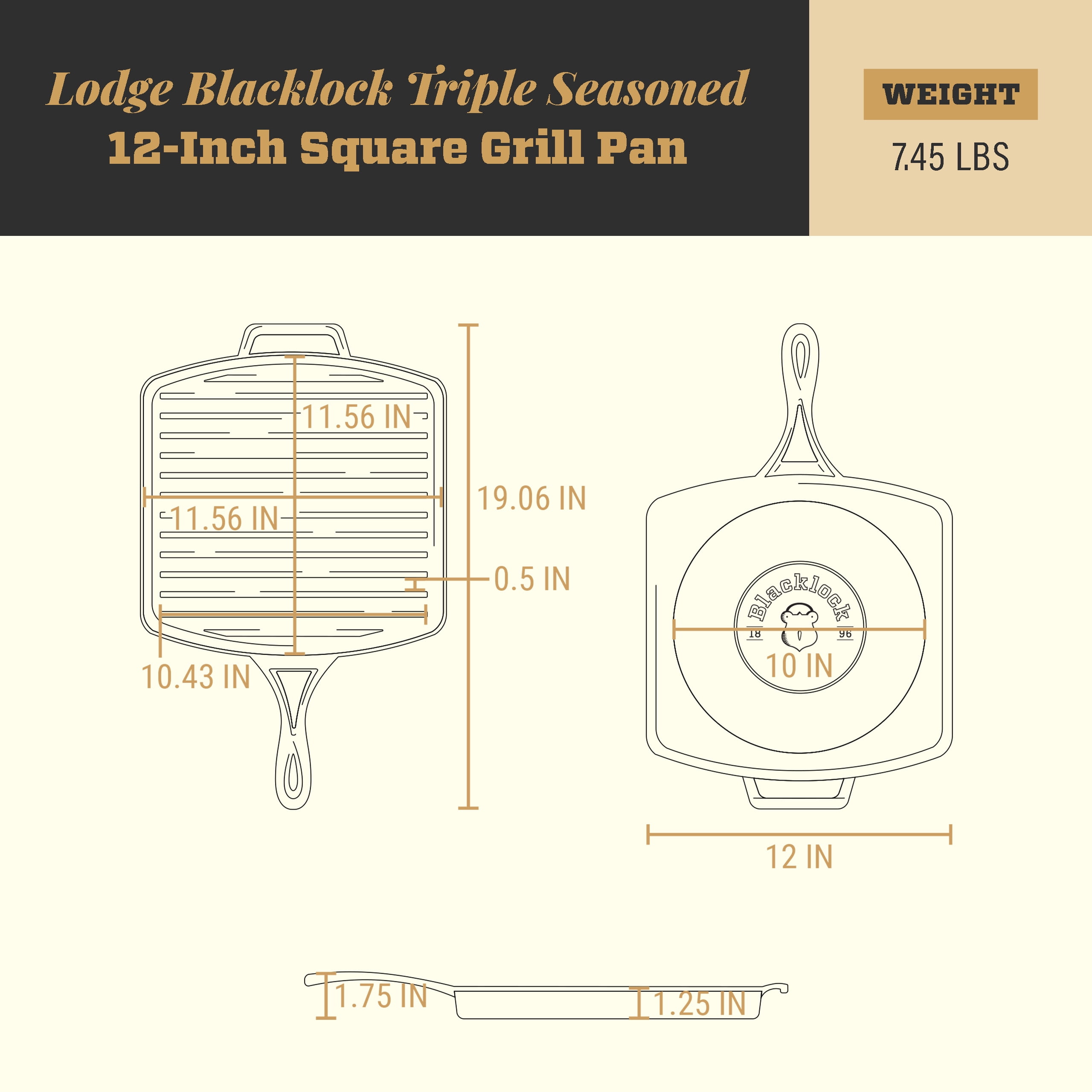 Lodge Blacklock 12 Inch Triple Seasoned Cast Iron Grill Pan - Lightweight Design - Natural, Non Stick Pans - Cast Iron Square Grill Pan - Lasts 100 Years