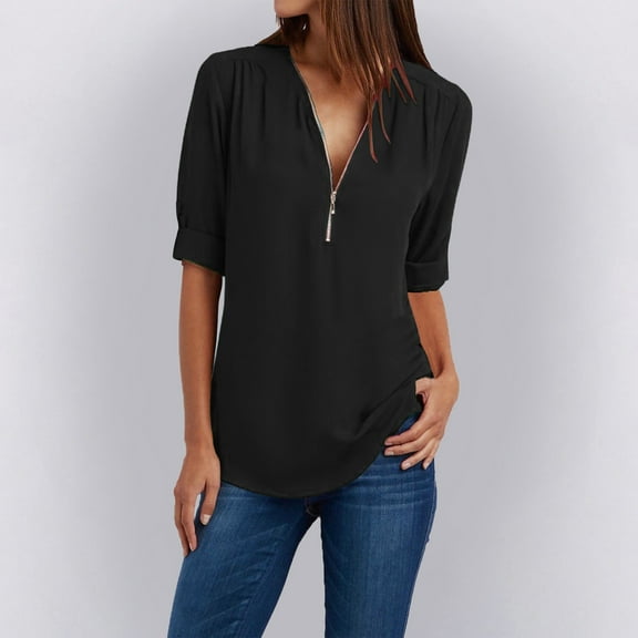Black Young Adult Tops Button Women Ladies Clothing Loose Shirt Chiffon Zipper Long Sleeves Plus Size Tops Plus Size Tops for Women