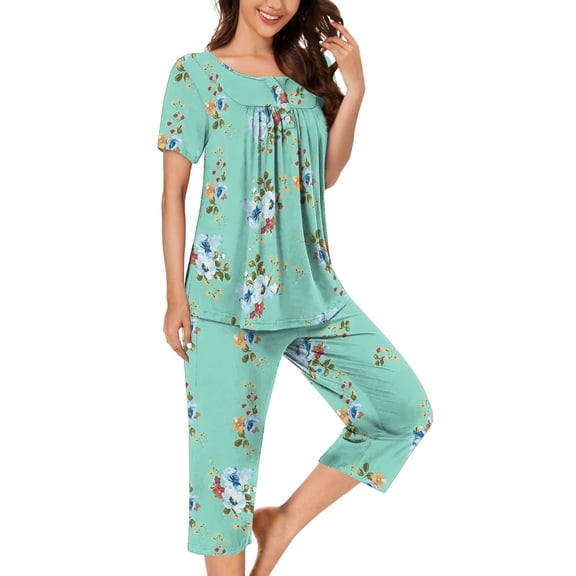 Njagoc3 Women's Short Sleeve Floral Print Pajama Set - Patterned, Casual Style, Summer & Sleep Wear