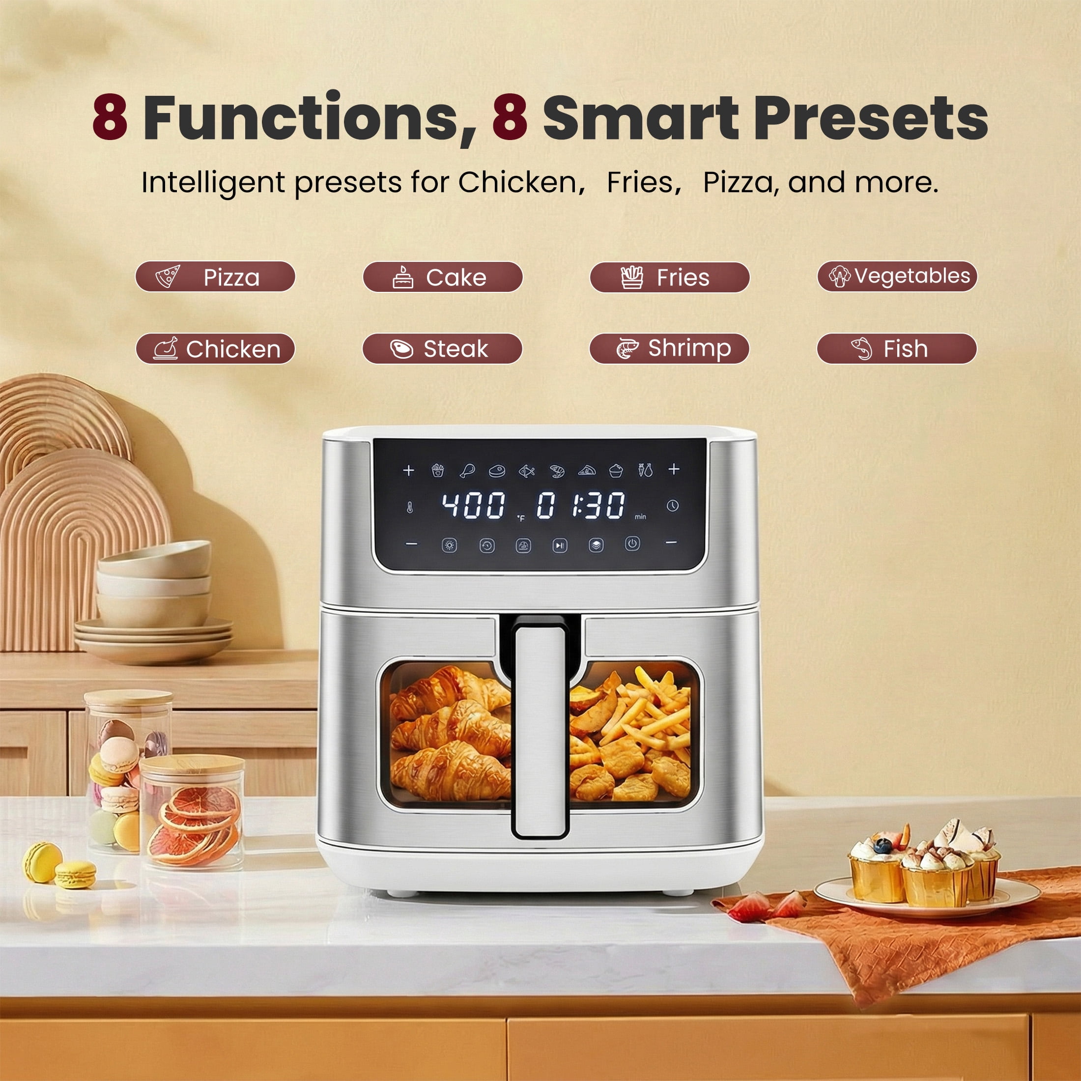 EDX 6QT Stainless Steel Air Fryer with Digital Touchscreen, 1500W, 8 Presets, Dishwasher Safe Basket, 90 Min Timer, 24H Delay Start, White