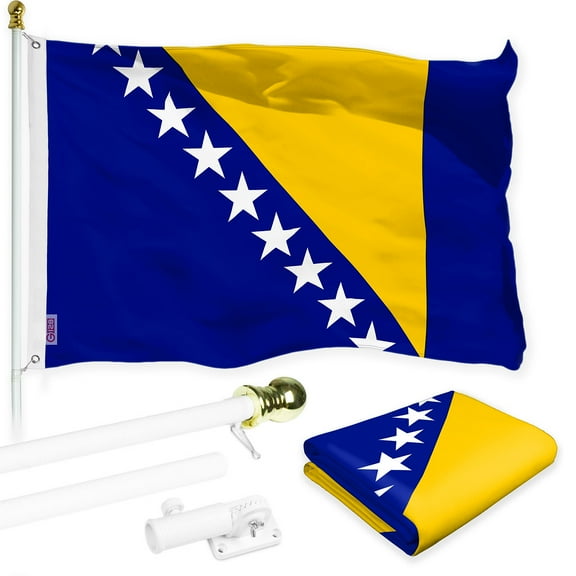 G128 Combo Pack: 6 Ft Tangle Free Spinning Flagpole (White) & Bosnia and Herzegovina Flag 3x5 Ft Printed 150D Polyester, Brass Grommets (Flag Included) Aluminum Flag Pole