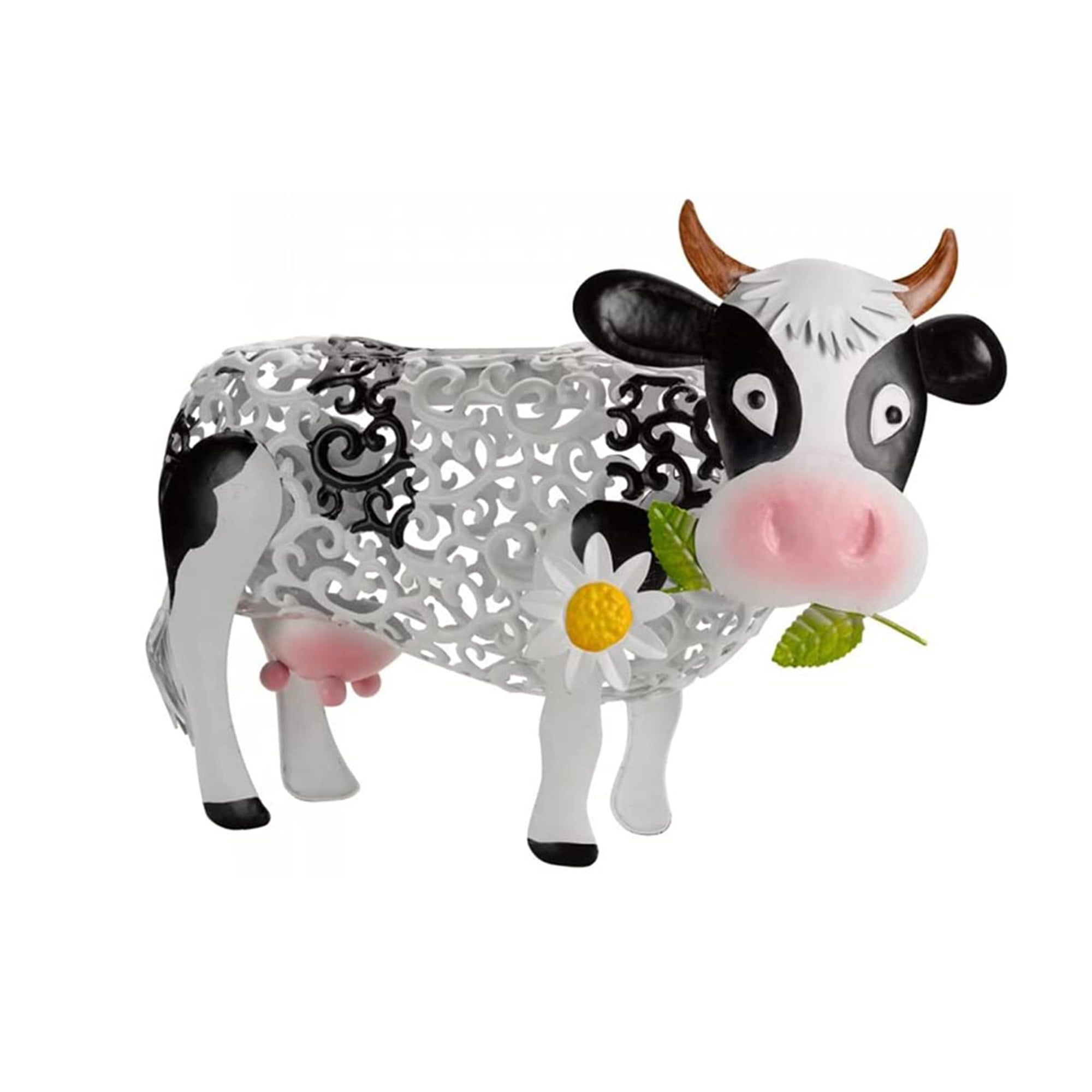 Daisy Cow Garden Statue with Solar Lamp Floral Hollow Out Dairy Cow Shaped  Resin Waterproof Outdoor Garden Decor Ornament