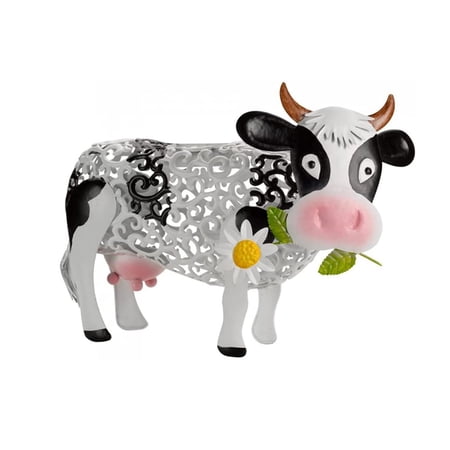 LSFYSZD Garden Statue  Floral Hollow Out Dairy Cow Shaped Resin Artware with Solar Lamp for Park Courtyard