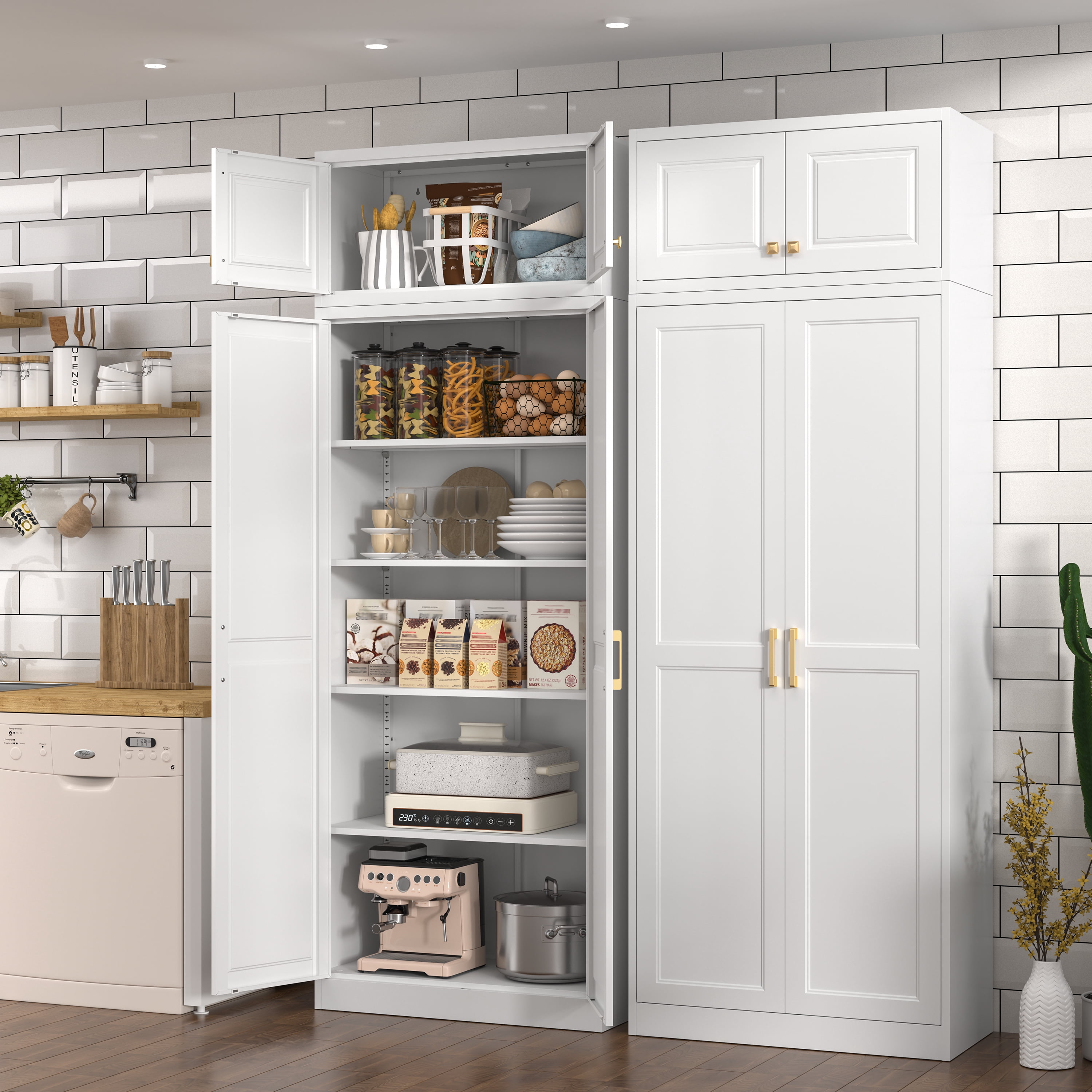 Polup 86" Height Modern Metal Pantry Storage Cabinet with Doors and Adjustable Shelves White for Living Room Kitchen and Home