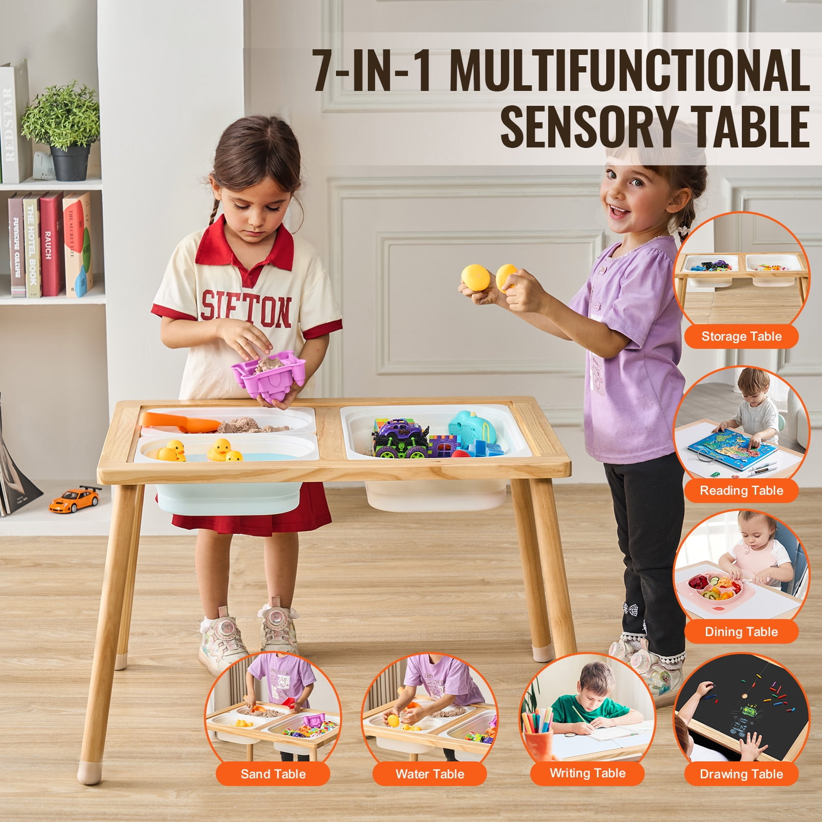 KFFKFF Kid's Sensory Table, Children's Exploration Table with 3 Collapsible Storage Containers & Dual-Faced Board, Wooden Activity Table for Drawing