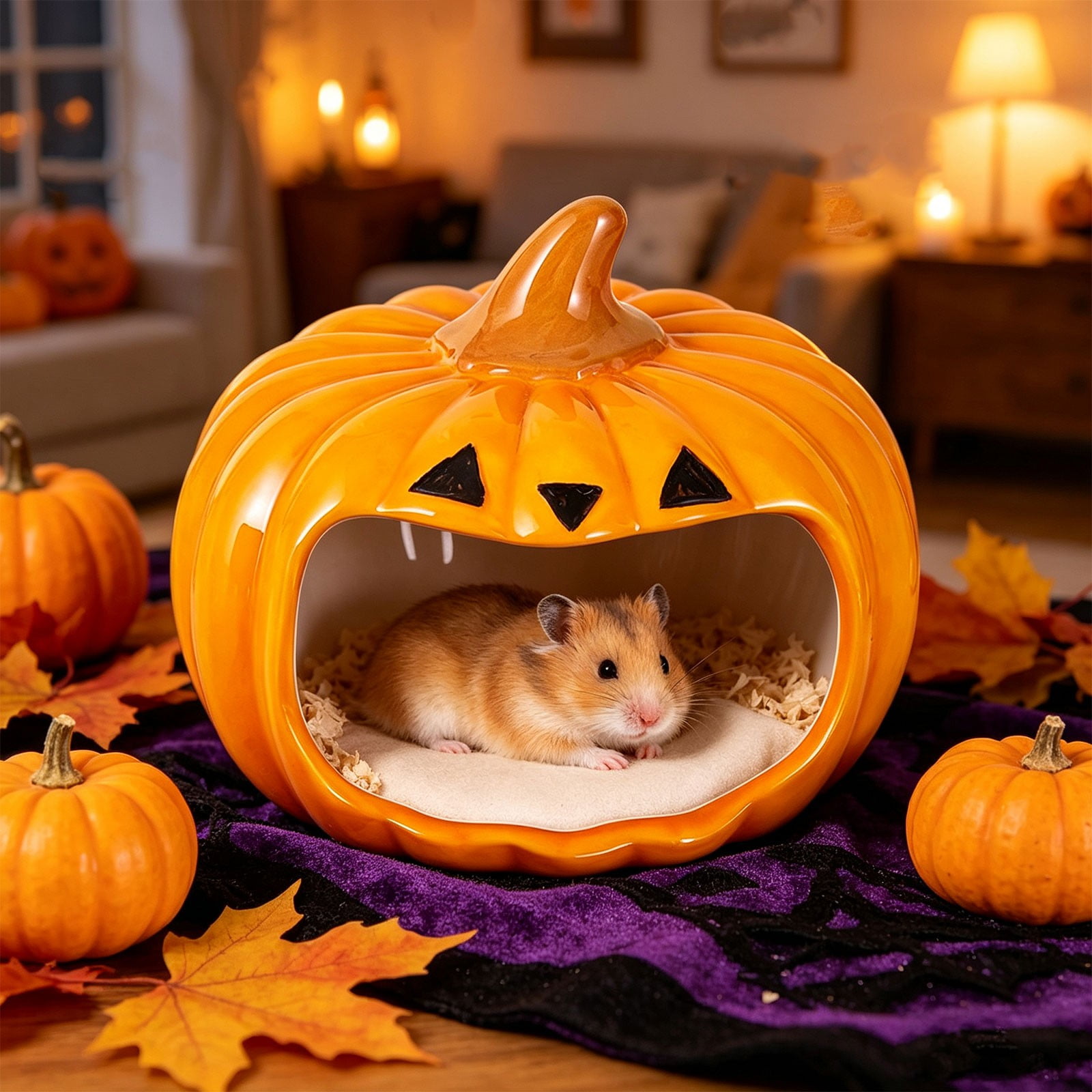 Halloween Ceramic Pumpkin Small Pet Hideout Hut, Smooth Glazed Rest Shelter Cave for Hamsters Gerbils Turtles Hermit Crabs Reptiles Fall Halloween Thanksgiving Cage Decor Supplies