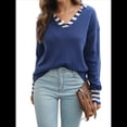 thumbnail image 3 of Suéter de Punto de Corte Regular con Cuello Marinero, Puños y Cuello en V A Rayas para Mujer Azul Oscuro S, 3 of 10