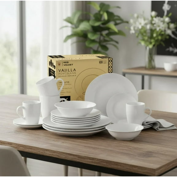 Red Velvet Vajilla de Porcelana, Set de 16 Piezas, Incluye 4 Platos Extendidos, 4 Platos Postre, 4 Tazones y 4 Tazas, Blanco