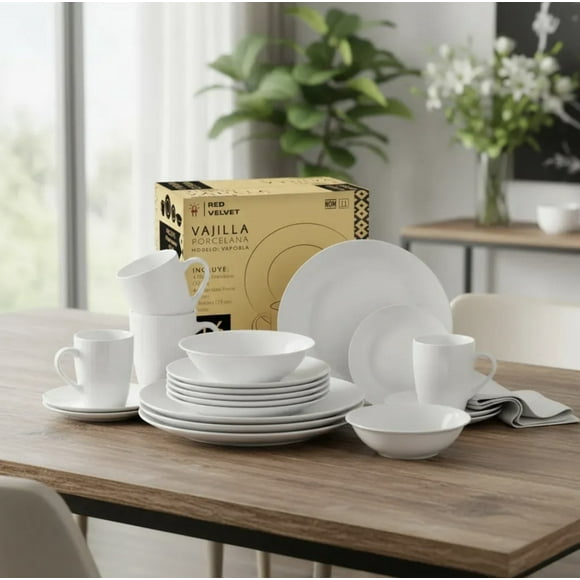 Red Velvet Vajilla de Porcelana, Set de 16 Piezas, Incluye 4 Platos Extendidos, 4 Platos Postre, 4 Tazones y 4 Tazas, Blanco