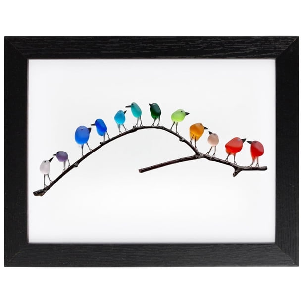 Pájaros arcoíris de cristal de mar en rama enmarcados pájaros de cristal de mar arte de la pared decoración del hogar