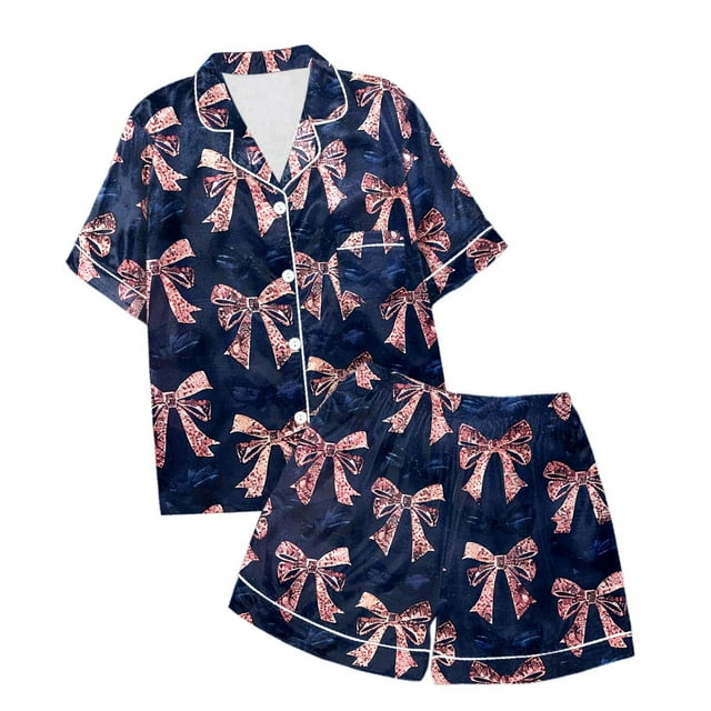 WEAIXIMIUNG Children's Girls Bow Printed Short Sleeve Shorts Two Piece Pajama Set 12-13 Years