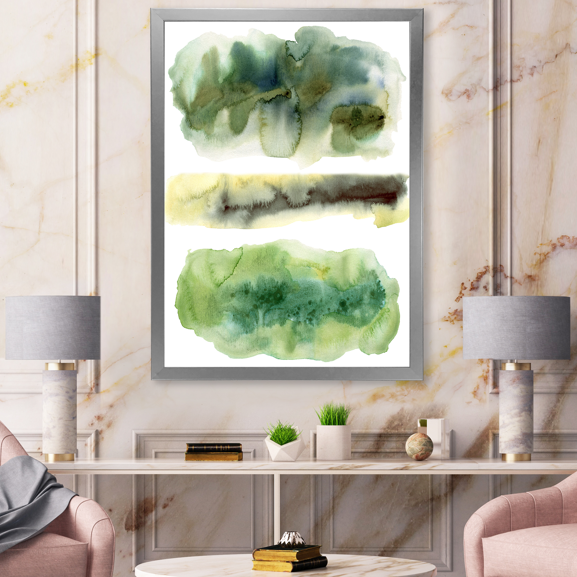 Designart 'Golden Green Abstract Clouds III' Modern Framed Art Print