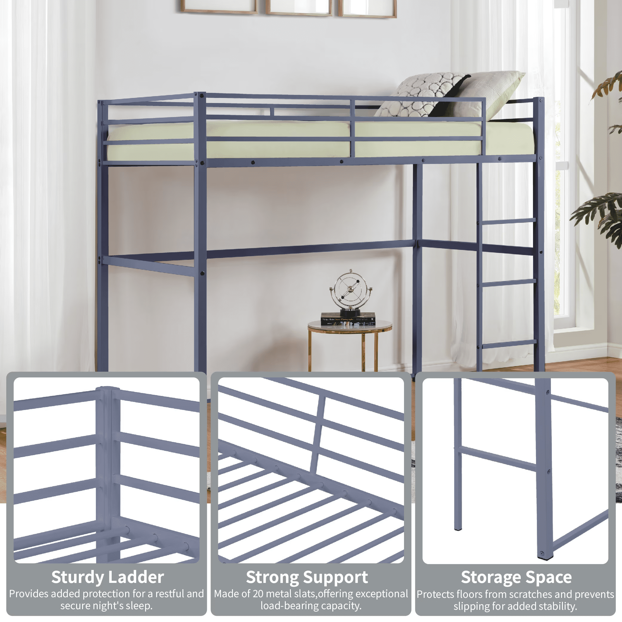 MAYEERTY Metal Full Size Loft Bed, Loft Bed Frame with Safety Guard Rails & Flat Ladder, for Kids Teens Adults, Gray