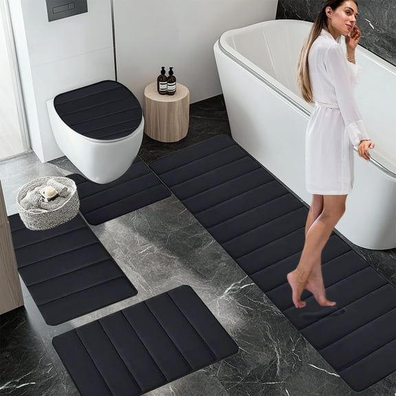 Bath Rugs Set 5-Piece, Super Absorbent Non-Slip Bathroom Mats, Soft Plush Toilet Lid Cover & Large Floor Mat for Whole Room