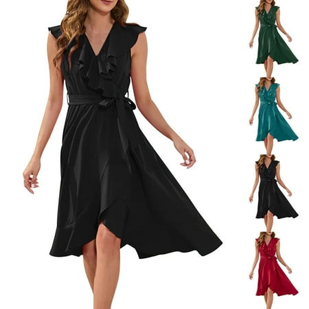Axiiglly Summer Dress for Women Cotton Party Sundress Irregular Hem Beach Dresses Soft V Neck Casual Midi Dress with Pockets Solid Color Corset Flowy Dresses on Clearance