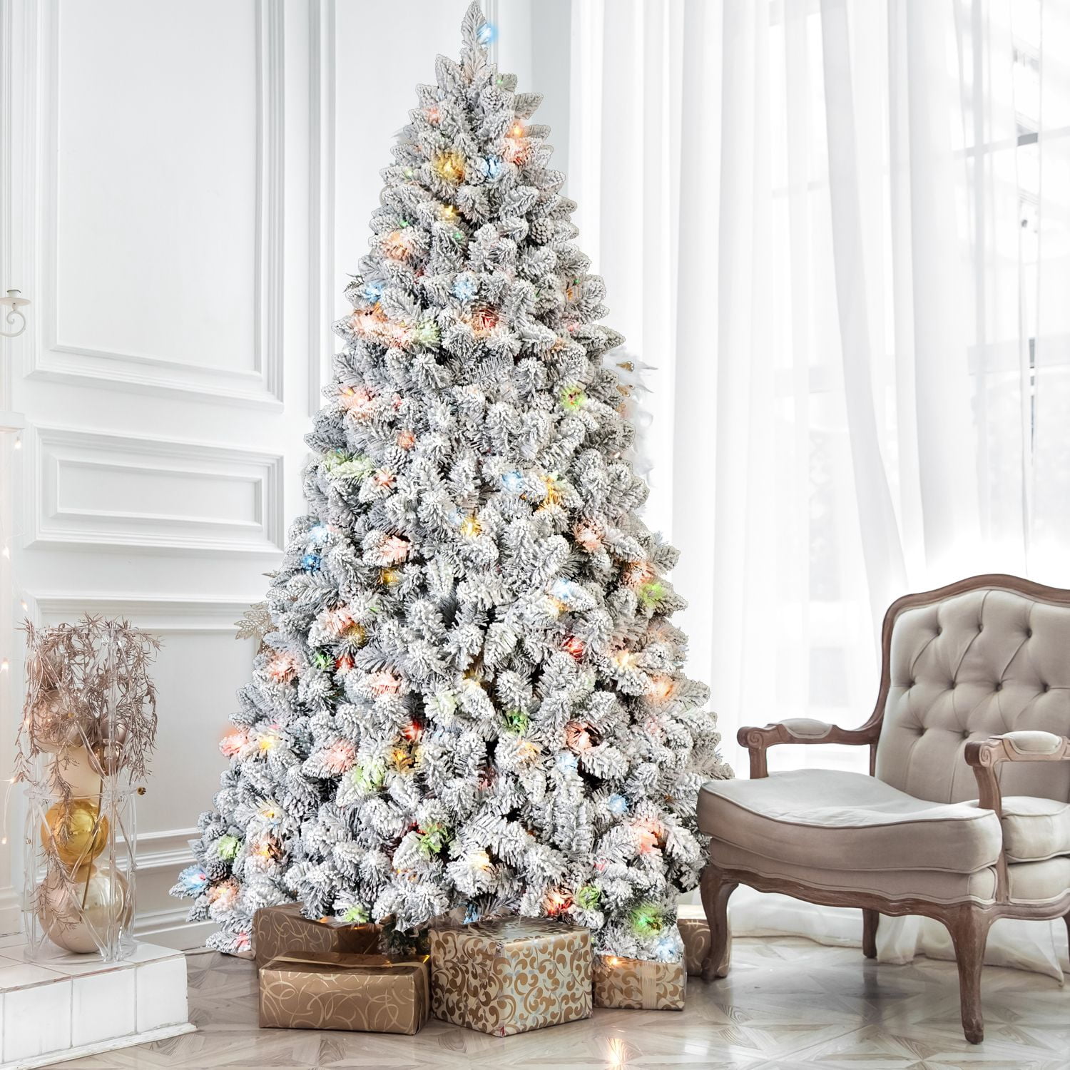 Alvantor 6FT Flocked Christmas Tree with 350 Colorful Lights & 36 Pine Cones & 888 Tips for Indoor Holiday Decoration White